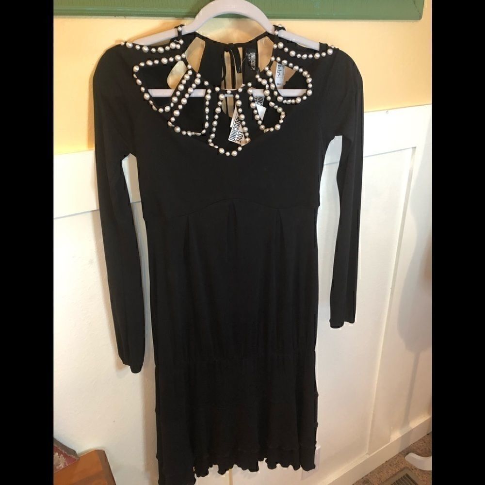 NWT Love Moschino Sz 4 black silk dress faux pearl